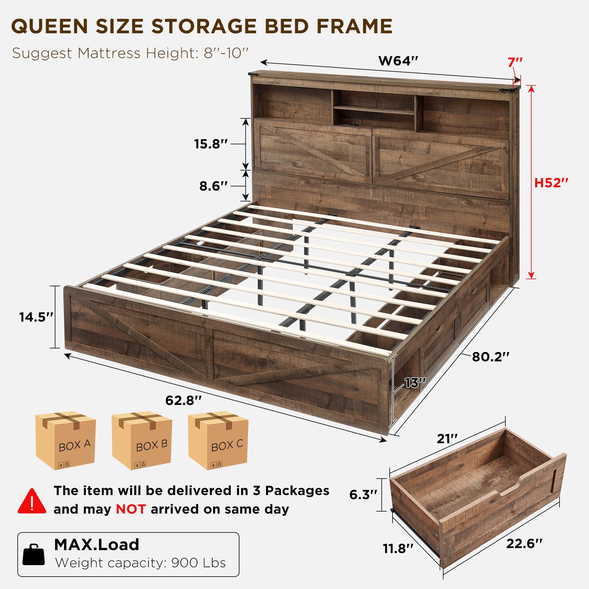 ACCOHOHO Queen Size Wood Bed Frame Farmhouse with 52" Tall Storage Bookcase Headboard, LED Light,Charging Station,4 Drawers and Solid Wood Slats Support,Noiseless,No Box Spring Needed - Black