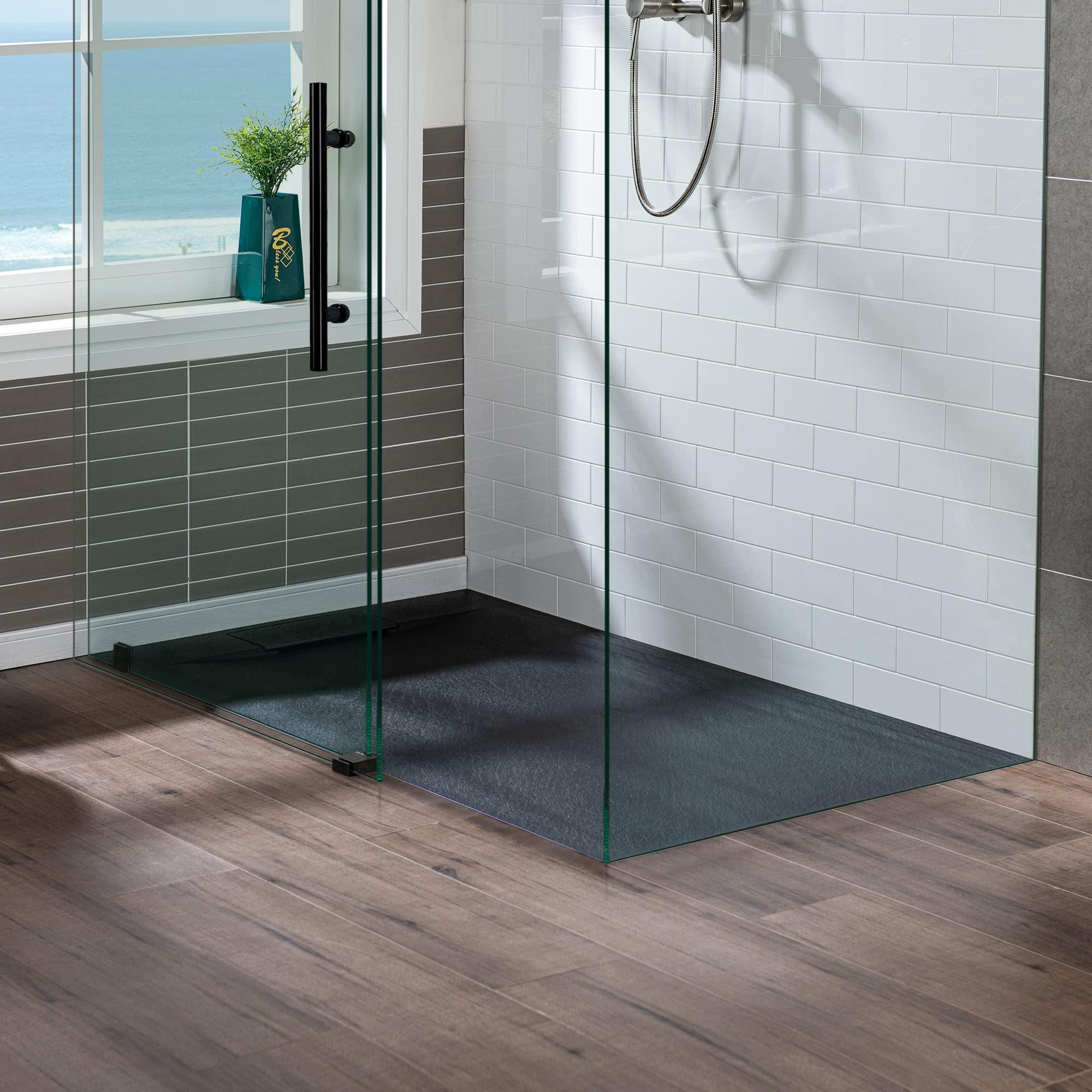 WOODBRIDGE 47.25 in L x 31.5 in W Zero Threshold Shower Base with Center Drain, Decorative Drain Plate, Tile Flange, Wheelchair Access, Low Profile, Black