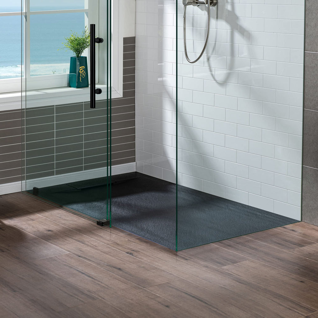 WOODBRIDGE 47.25 in L x 31.5 in W Zero Threshold Shower Base with Center Drain, Decorative Drain Plate, Tile Flange, Wheelchair Access, Low Profile, Black