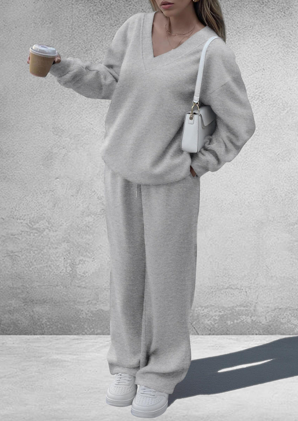PRETTYGARDEN Casual Winter Two Piece Sets for Women 2026 V Neck Sweatshirt Loose Wide Leg Pants Tracksuit Knit Fall Outfits