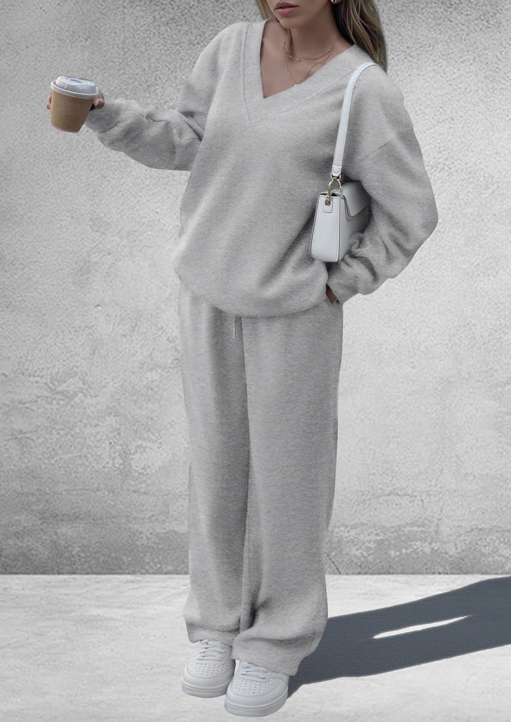 PRETTYGARDEN Casual Winter Two Piece Sets for Women 2026 V Neck Sweatshirt Loose Wide Leg Pants Tracksuit Knit Fall Outfits