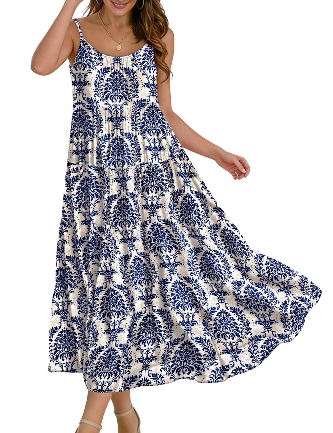 YESNO Summer Bohemian Floral Dresses for Women Spaghetti Straps Maxi Dress Casual Flowy Dresses with Pockets ES0
