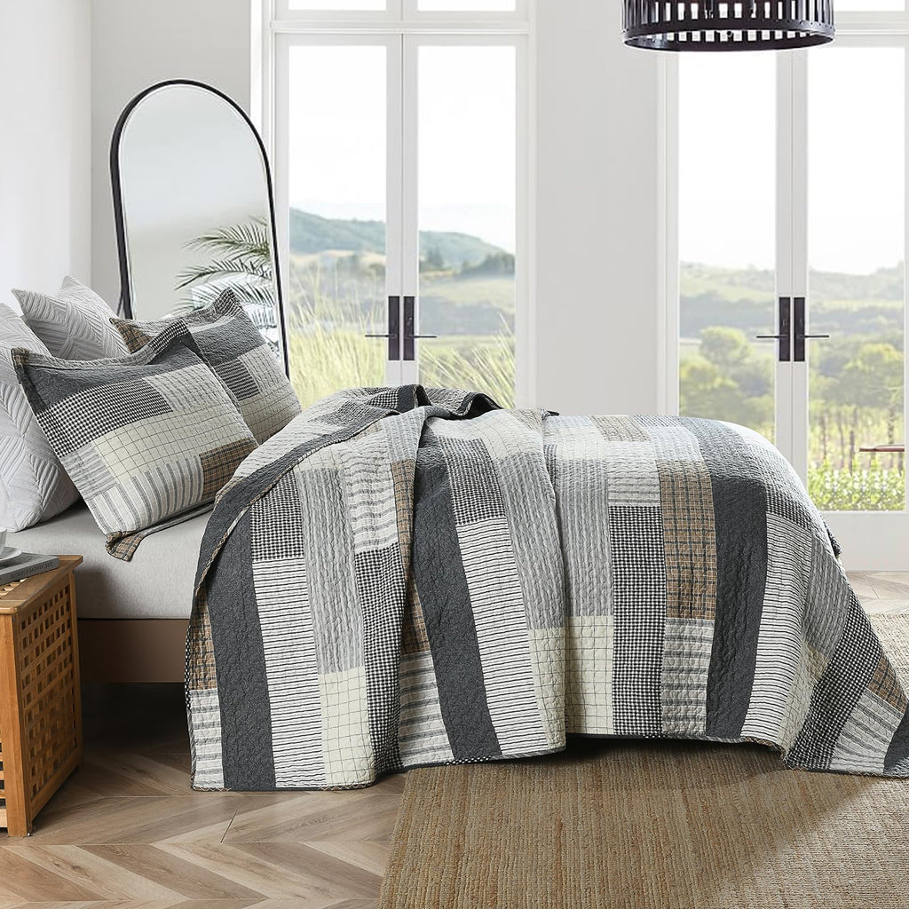 Y-PLWOMEN 100% Cotton Farmhouse Plaid Lightweight 3-Pieces Quilt Set (Blue Brown, Queen90 * 98 Inch)