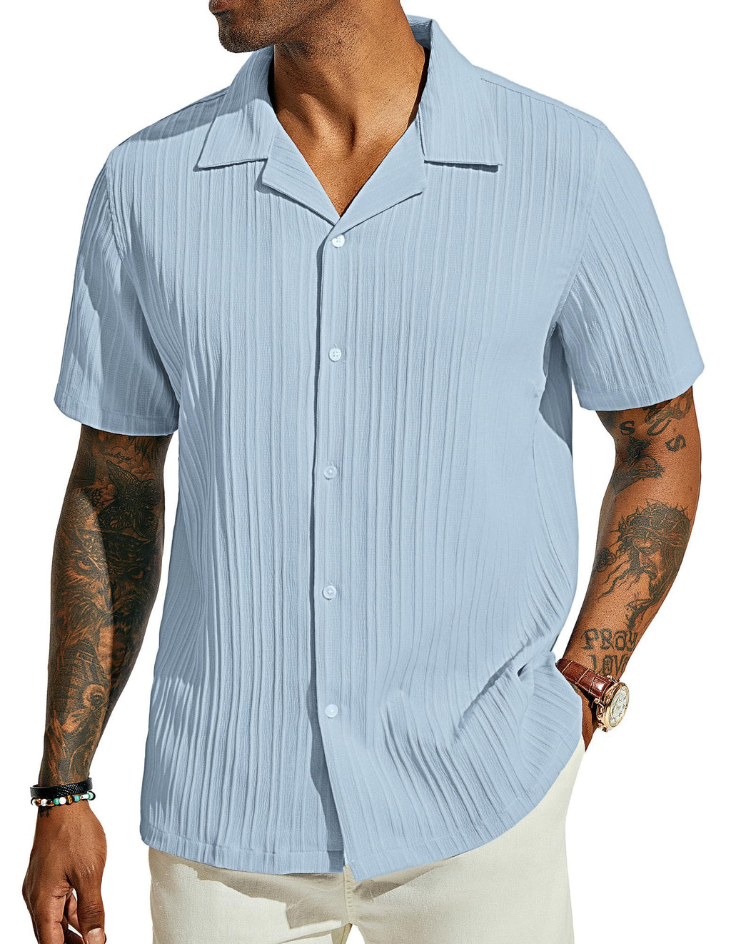 PJ PAUL JONES Men's Casual Button Down Shirts - Short Sleeve Summer Textured Beach Wrinkle-Free Shirts