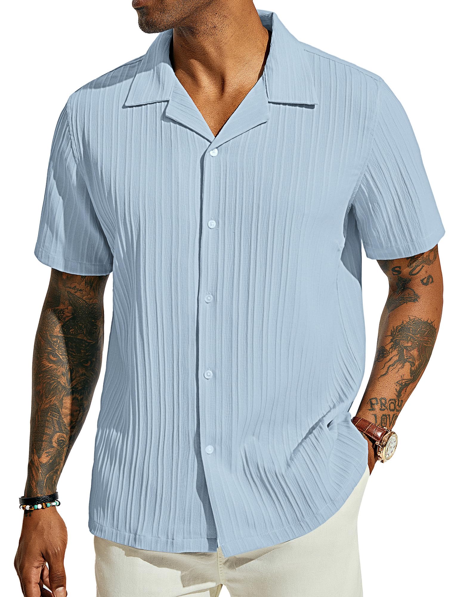 PJ PAUL JONES Men's Casual Button Down Shirts - Short Sleeve Summer Textured Beach Wrinkle-Free Shirts
