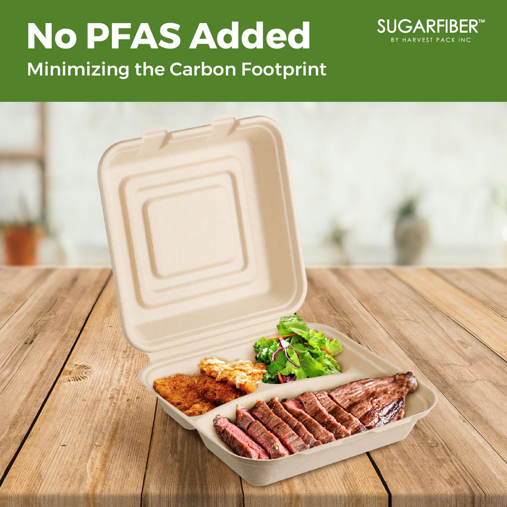 [50 COUNT]Harvest Pack 6 X 6" Compostable Clamshell Take Out Food Containers, PFAS FREE Square To go Containers with Lids, Heavy-Duty Disposable Bagasse Bento Cake Box, Eco-Friendly Sugarcane Fibers