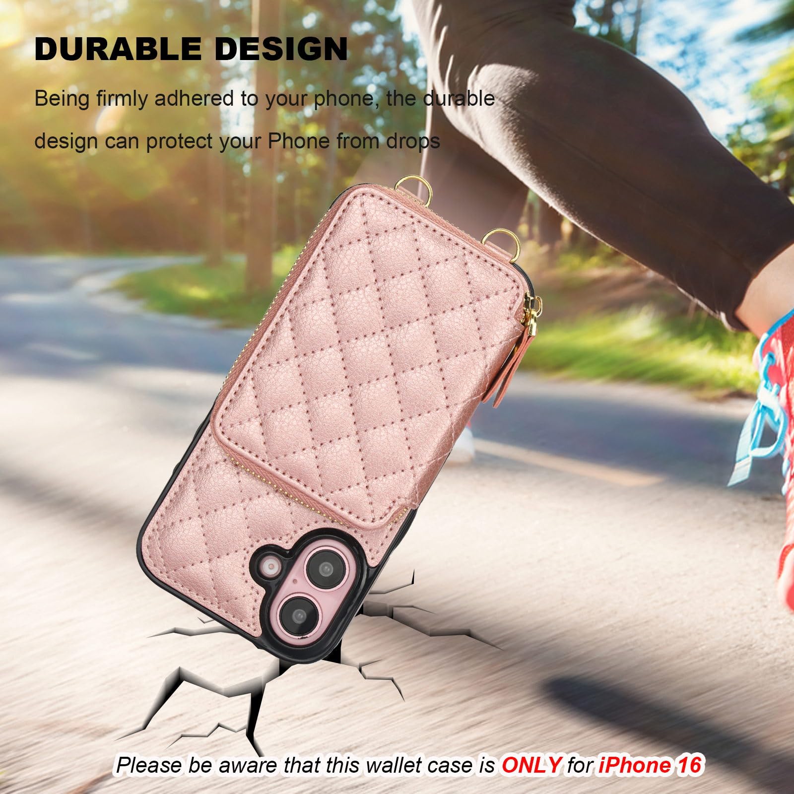 Bocasal Crossbody Wallet Case for iPhone 16, RFID Blocking PU Leather Zipper Handbag Purse Flip Cover, Kickstand Folio Case with Card Slots Holder Wrist Strap Lanyard 5G 6.1 Inch (Black)
