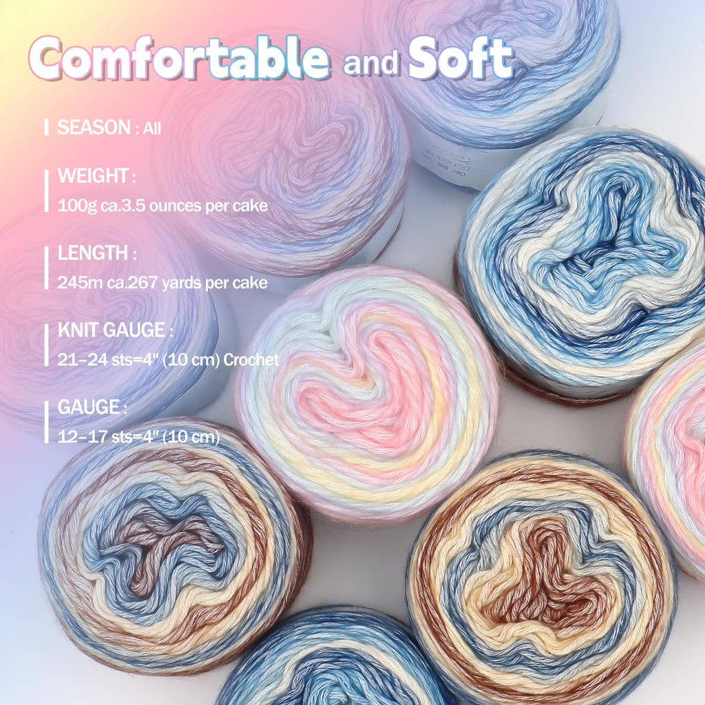 Katech Fairyland Yarn for Crocheting Knitting-Gradient Yarn Cake-4 Pack of 100g/3.52 oz-Soft DK Light Weight #3-60% Cotton 30% Acrylic 10% Wool-Perfect for Scarves, Shawls, Blankets and Garments(A)