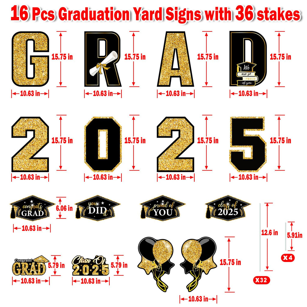 Multiwins 16 PCS Graduation Yard Signs, Black Gold Graduation Yard Signs Class Of 2025, 16 Inches Large Congrats Grad 2025 Yard Signs with Stakes For 2025 Graduation Decorations