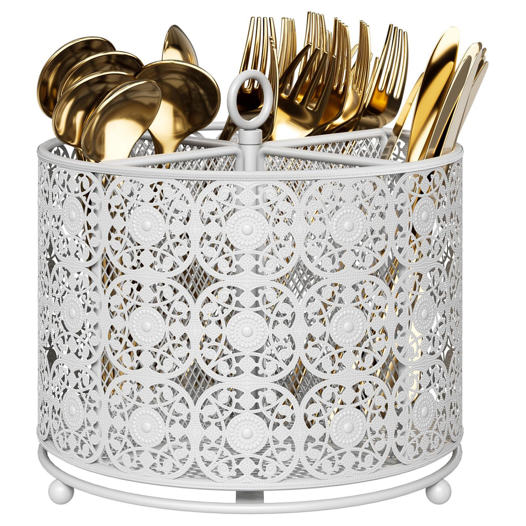 YIUKEA 360° Rotating Utensil Caddy Countertop - Cutlery Silverware Caddy Holder with 4 Compartment - Higher Raised Flatware Organizer with Handle for Party Kitchen Counter Office Black