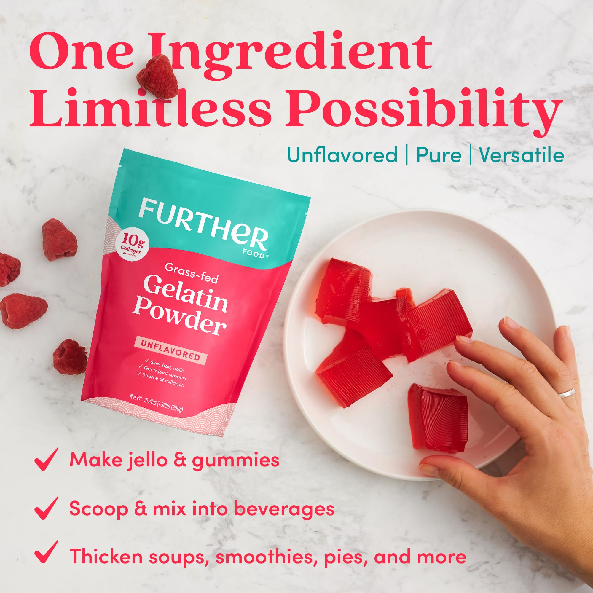Further Food Premium Gelatin Powder – Unflavored, Grass-Fed & Pasture-Raised Beef Hide, Non-GMO, Sugar-Free, Keto & Paleo Friendly, 15.87 oz