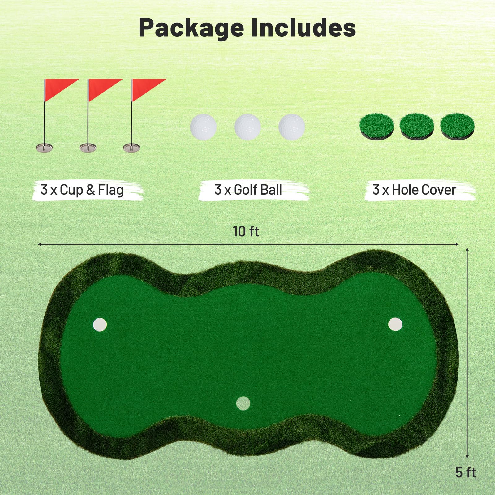 Tangkula 10 FT Golf Putting Green, Large Professional Golf Training Mat with Realistic Artificial Grass Turf, 3 Holes, 3 Flags and Cups for Indoor Outdoor Putting Practice