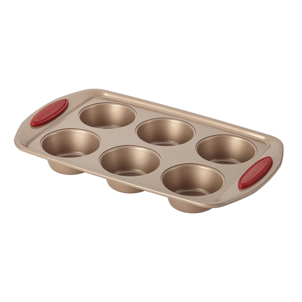 Rachael Ray Cucina Bakeware Set Includes Nonstick Cake Cookie Baking Sheet and Muffin Cupcake Pan, 4 Piece, Latte Brown with Agave Blue Grips