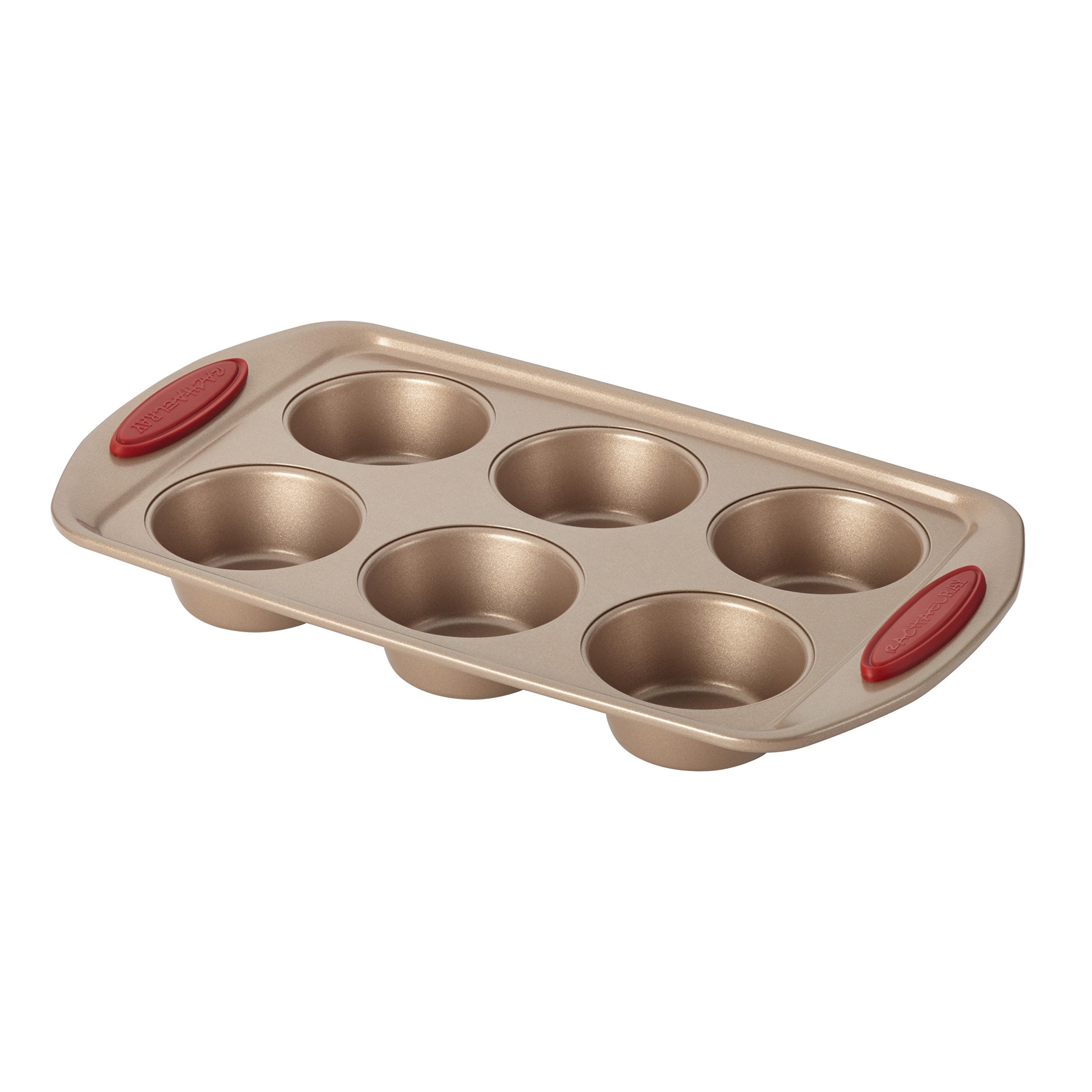 Rachael Ray Cucina Bakeware Set Includes Nonstick Cake Cookie Baking Sheet and Muffin Cupcake Pan, 4 Piece, Latte Brown with Agave Blue Grips