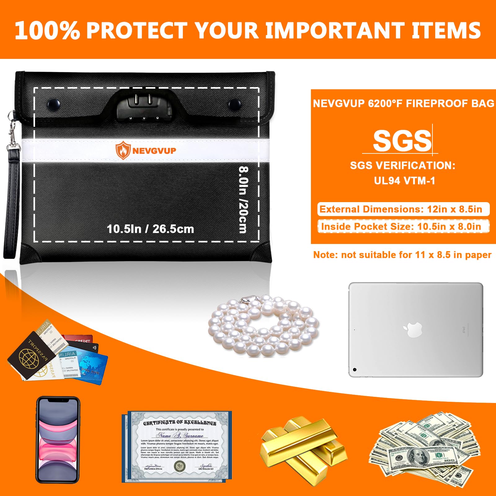 Fireproof Money Bag 4200°F - Heat Insulated, 9.8 x 6.5" Small Fireproof Document Bags with Waterproof Zipper, Fire proof Bag with Reflective Strip and Fireproofs Edeging, Fire Pouch Set for Valuables