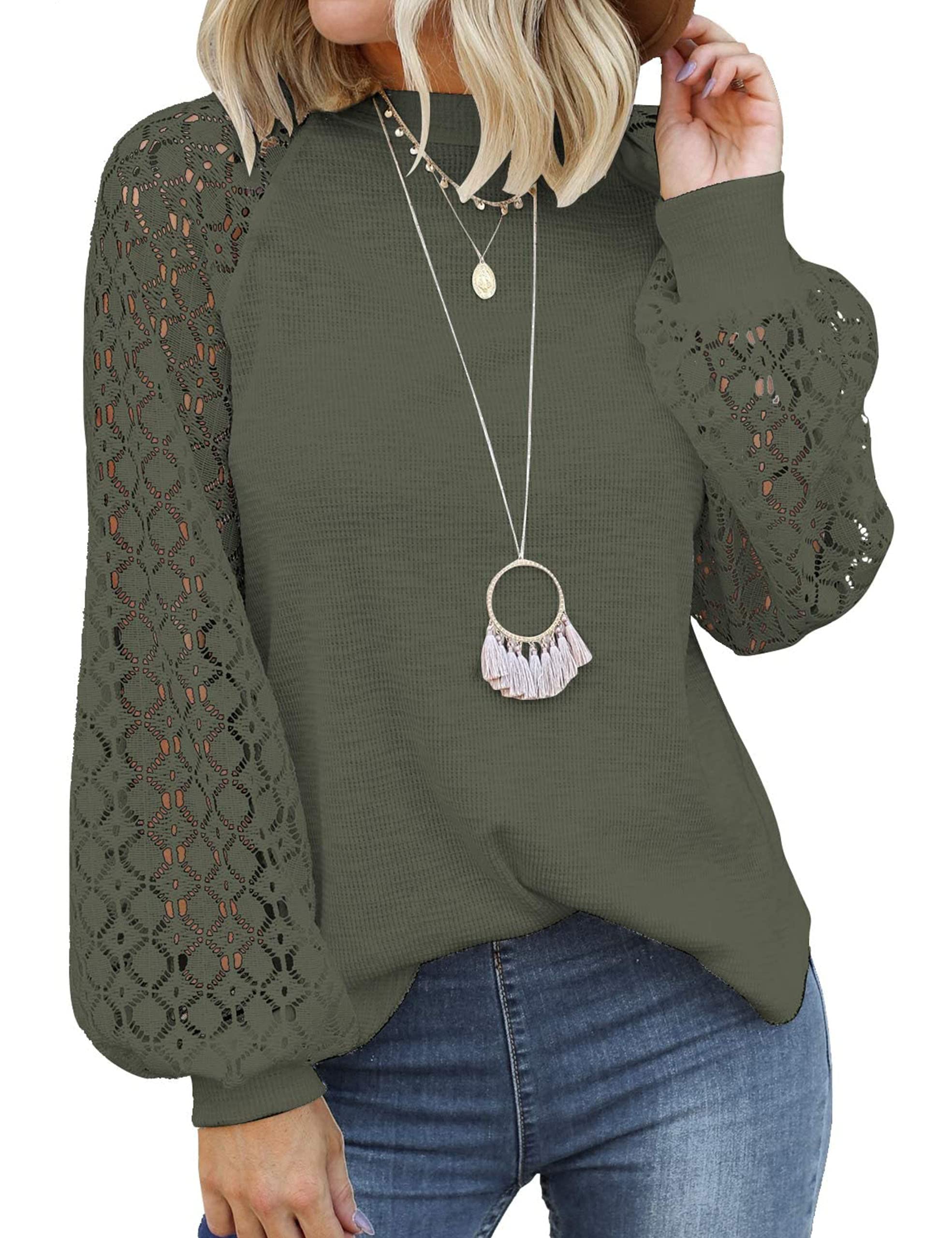 MIHOLL Women's Long Sleeve Tops Lace Casual Loose Blouses Shirts Dressy Outfits