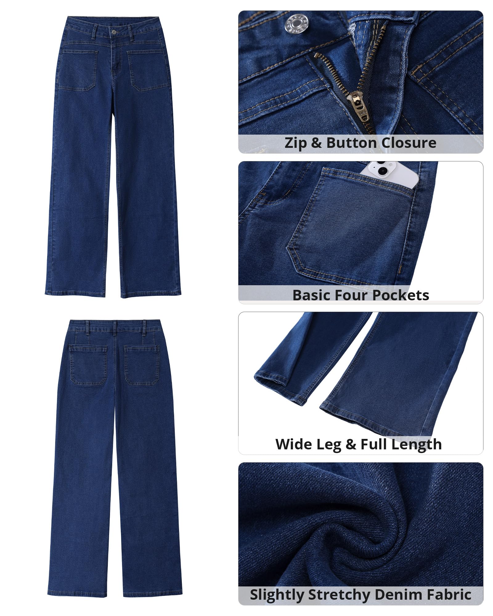 GRAPENT Wide Leg Jeans for Women Trendy High Waisted Loose Straight Leg Stretchy Retro Denim Pants with Pouch Pockets