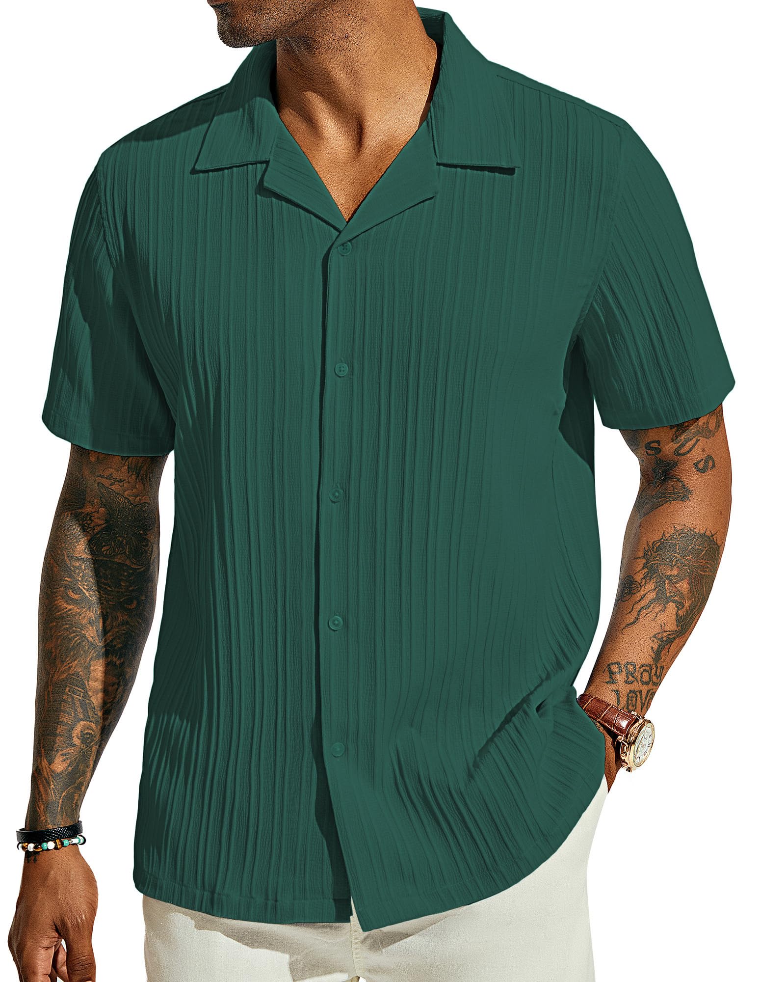 PJ PAUL JONES Men's Casual Button Down Shirts - Short Sleeve Summer Textured Beach Wrinkle-Free Shirts