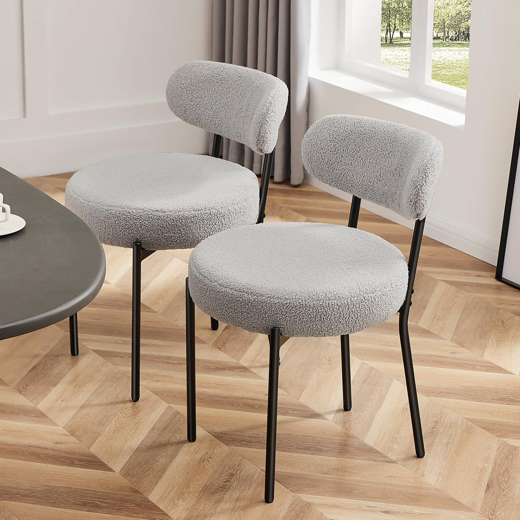 Sweetcrispy Dining Chairs Set of 2, Boucle Upholstered Modern Mid Century Round Kitchen Chairs with Curved Backrest & Metal Legs for Vanity, Living Room - Beige