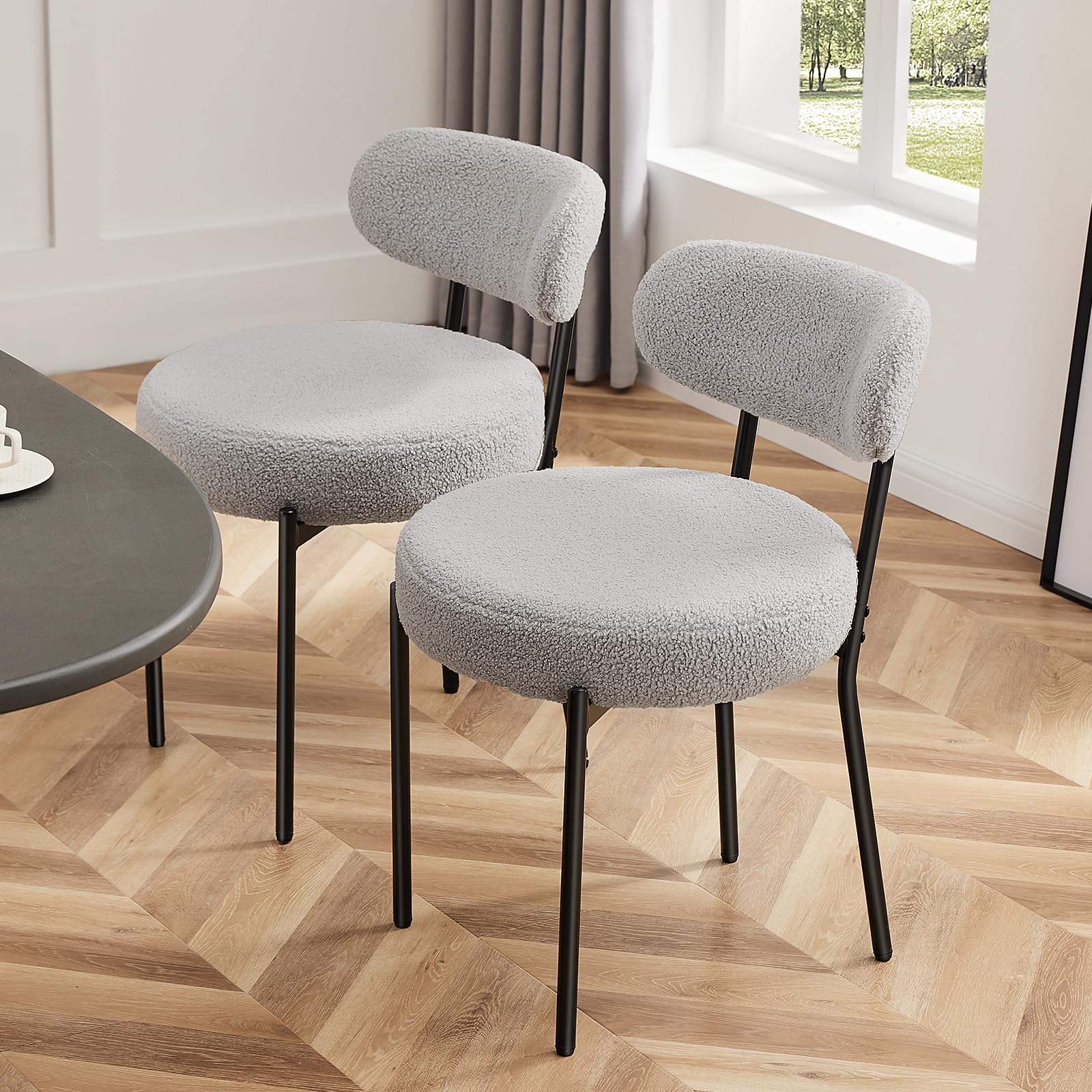 Sweetcrispy Dining Chairs Set of 2, Boucle Upholstered Modern Mid Century Round Kitchen Chairs with Curved Backrest & Metal Legs for Vanity, Living Room - Beige