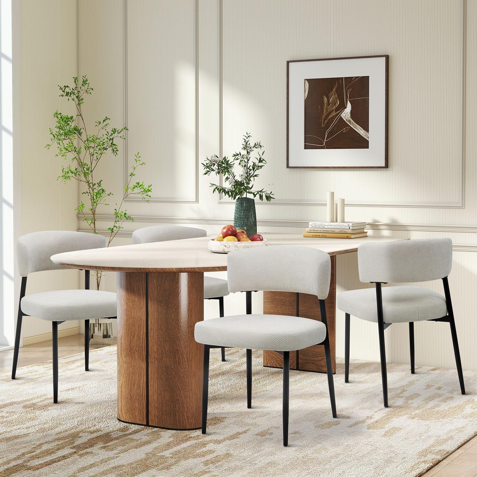 Sweetcrispy Dining Chairs Set of 2, Boucle Upholstered Modern Mid Century Round Kitchen Chairs with Curved Backrest & Metal Legs for Vanity, Living Room - Beige
