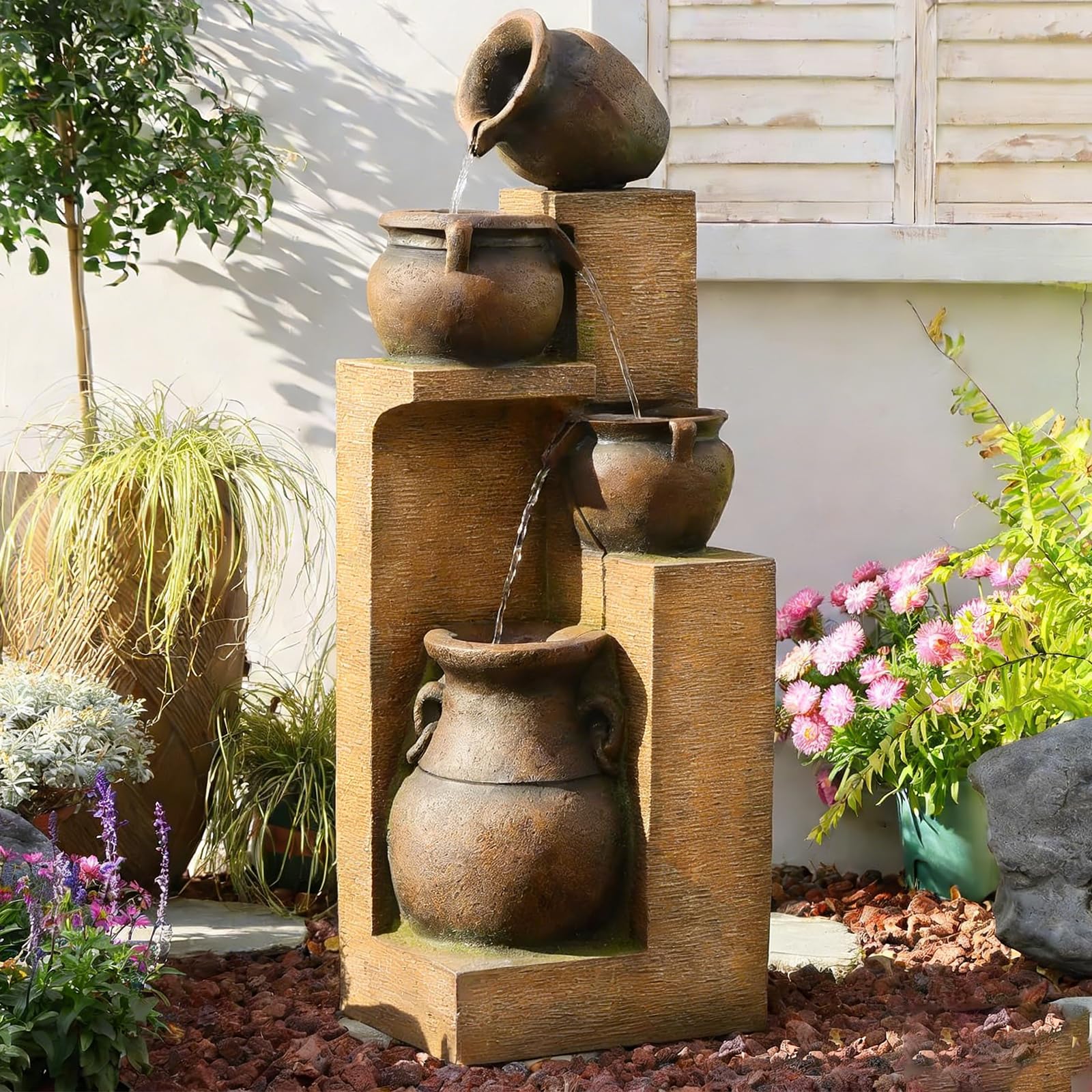 Bumilgar 2-Tier Bowl Water Fountain with LED Lights, 27.95" Tall Freestanding Outdoor & Indoor Garden Waterfall Fountain for Yard, Patio, Backyard, Floor Standing Home Decor
