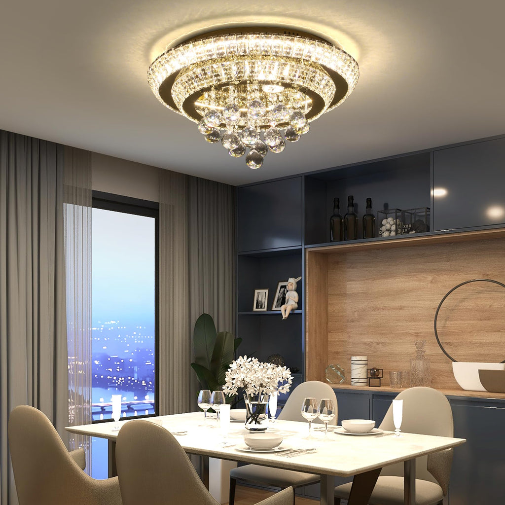 COCOSTAR 20" Gold Crystal Chandeliers, Flush Mount Chandelier LED Ceiling Light, Modern Crystal Raindrop Chandeliers for Dining Room, Living Room, Bedroom