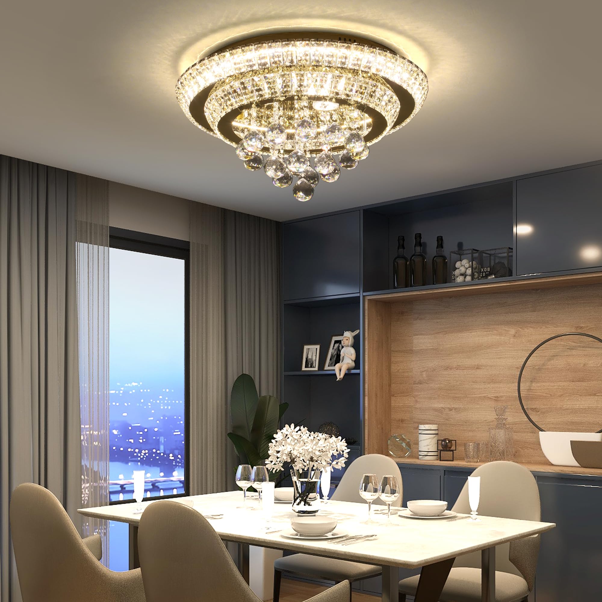 COCOSTAR 20" Gold Crystal Chandeliers, Flush Mount Chandelier LED Ceiling Light, Modern Crystal Raindrop Chandeliers for Dining Room, Living Room, Bedroom