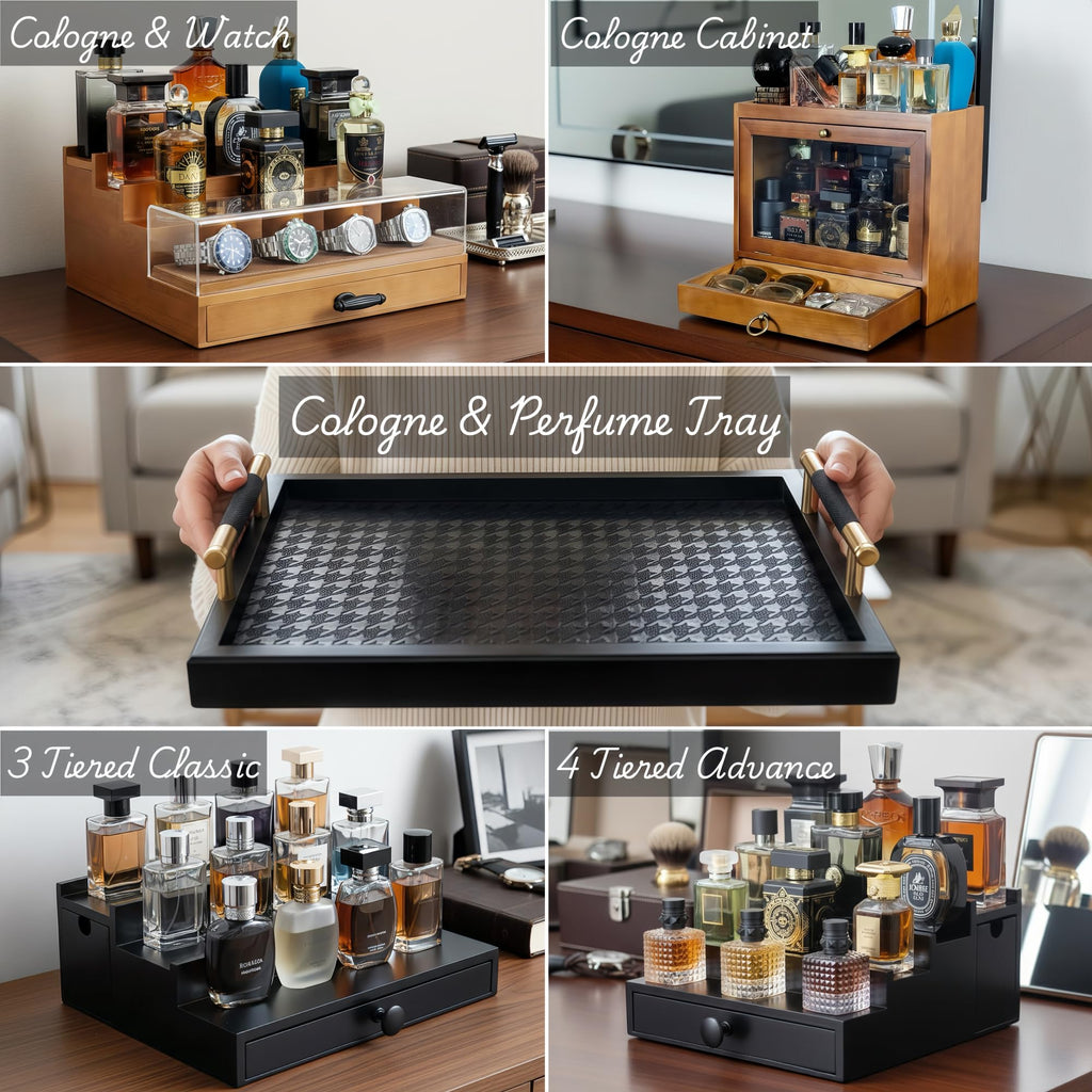 Wooden Cologne Organizer for Men 3 Tier | Black Perfume Holder Shelf for Dresser | High Grade Velvet Lining and Stylish Gift Box | Uncluttered Design Perfume Display Stand