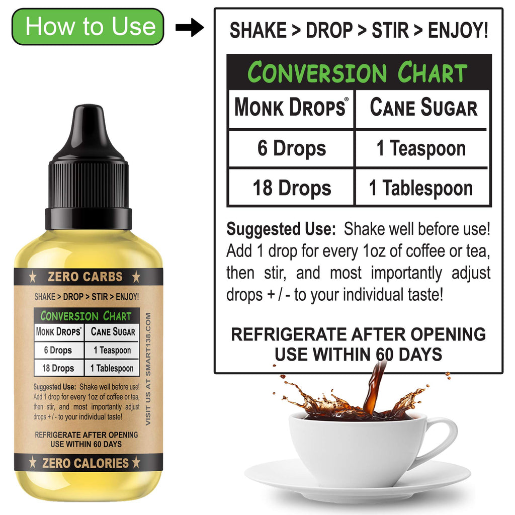 Monk Drops - 100% Monkfruit Liquid Sweetener, Zero Glycemic, Zero Calories, Zero Sugar, No Added Water, Concentrated Monk Fruit (350 Servings, 1.5 Fl Oz)
