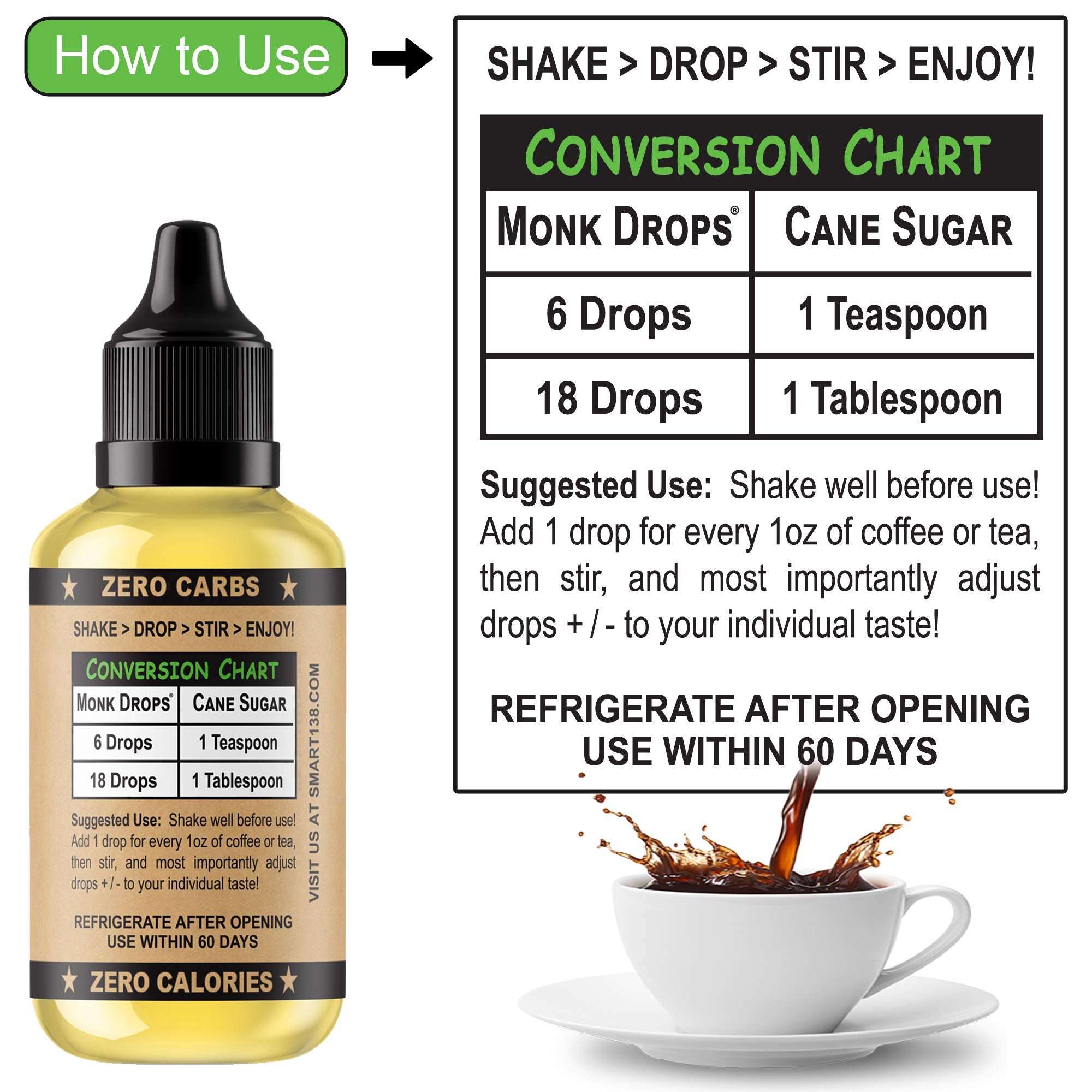 Monk Drops - 100% Monkfruit Liquid Sweetener, Zero Glycemic, Zero Calories, Zero Sugar, No Added Water, Concentrated Monk Fruit (350 Servings, 1.5 Fl Oz)