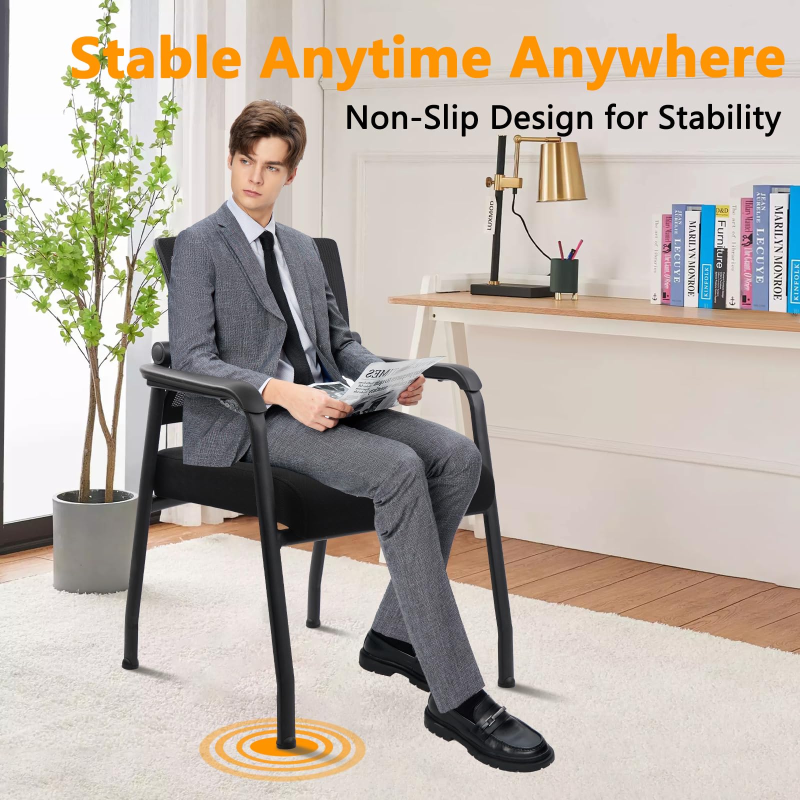 KLASIKA Desk Chair No Wheels with Adjustable Mesh Backrest, Arm Chair with Ergonomic Lumbar Support and Thickened Seats Cushion, Waiting Room Chairs for Office School Church Guest Reception