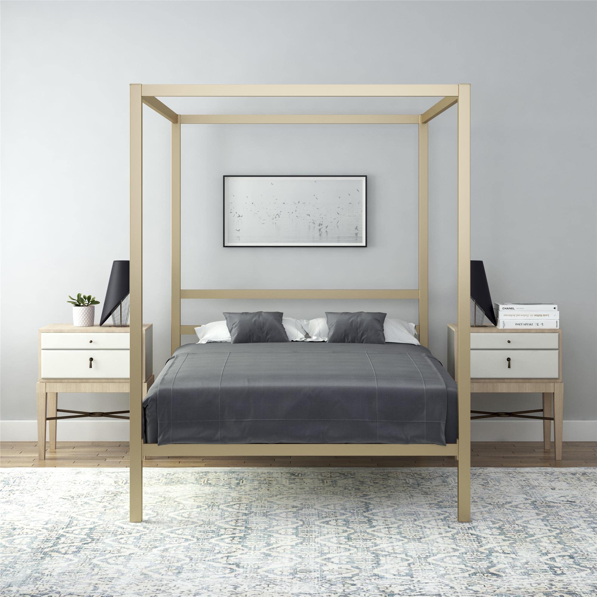 DHP King Metal Canopy Bed, Modern Design with Built-In Headboard, Sturdy Frame, No Box Spring Needed, Gunmetal Gray
