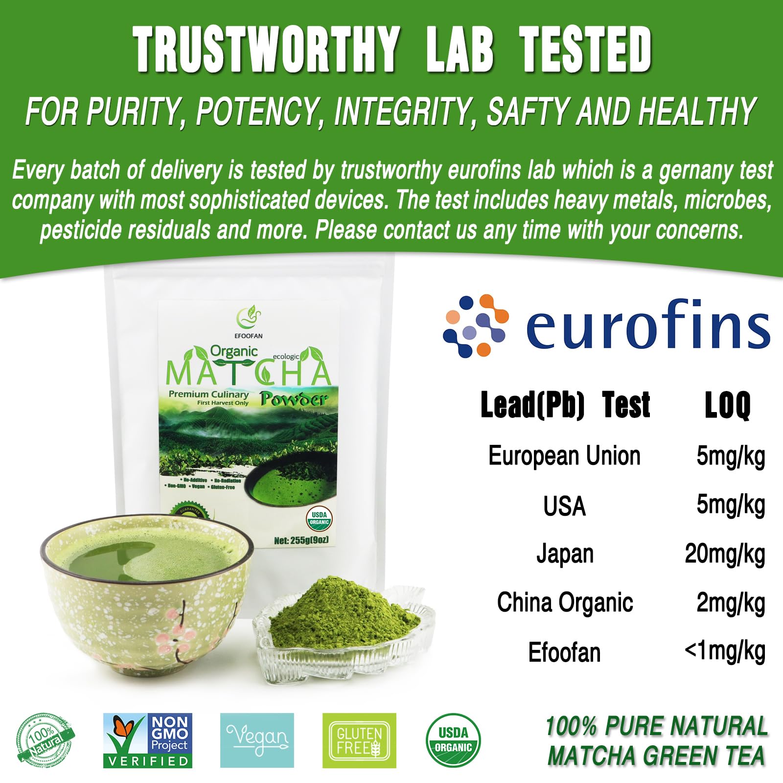EFOOFAN USDA & COR Certified Organic Ceremonial Grade Matcha Powder – First Harvest Shade-Grown Tencha from Hangzhou, Vibrant Jade Green & Smooth Umami, No Sugar, Ideal for Traditional Tea or Latte (45g Tin)