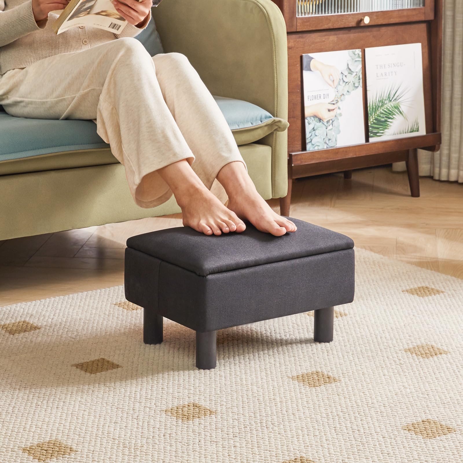 IBUYKE 16.54" Small Footstool, PU Faux Leather Step Stool, with Padded Seat Pine Wood Legs and Padded Rectangular Stool, for Bedroom, Black RF-BD210