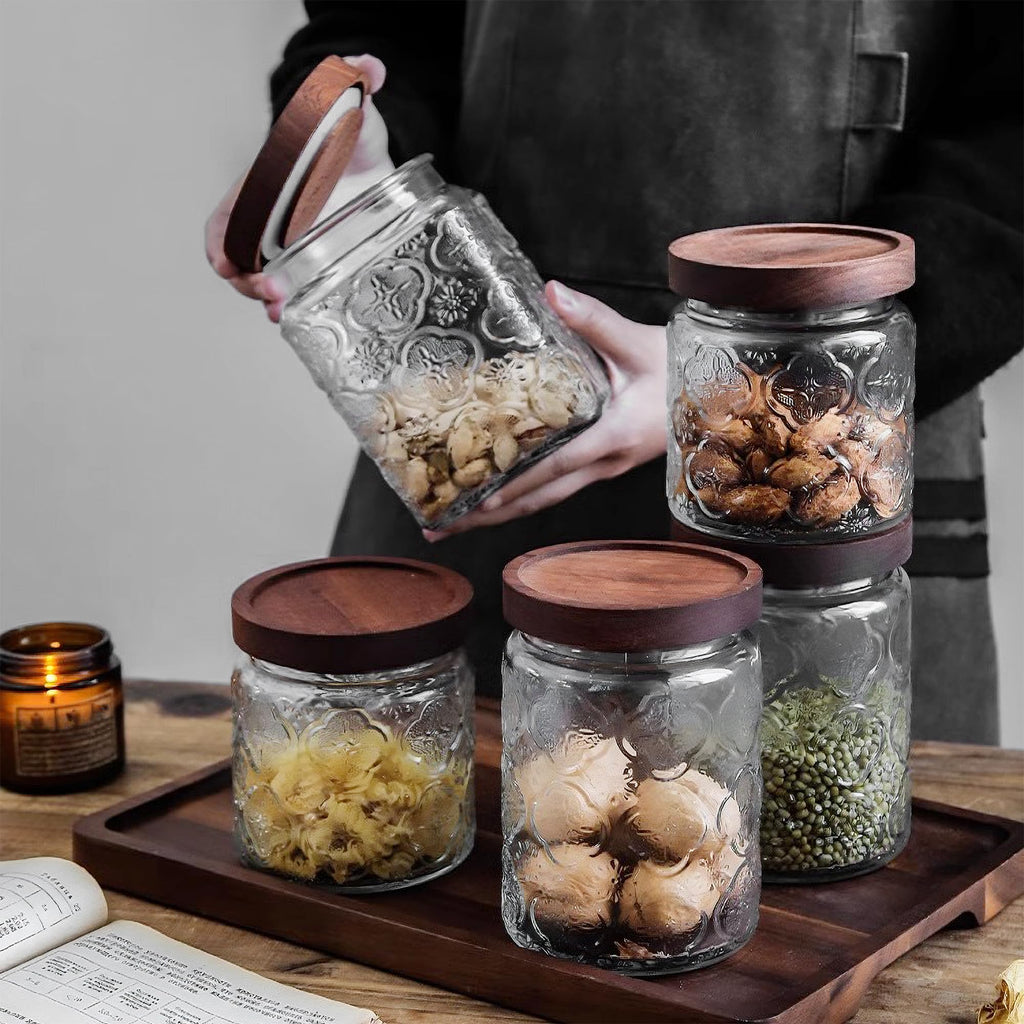 Custde Glass Storage Jars With Airtight Lid, 23.7oz Container For Kitchen Counter with Wooden Lid, brown sugar, candy, coffee, cookie, salt, tea, cute Jar (35oz Large Begonia Flowers)