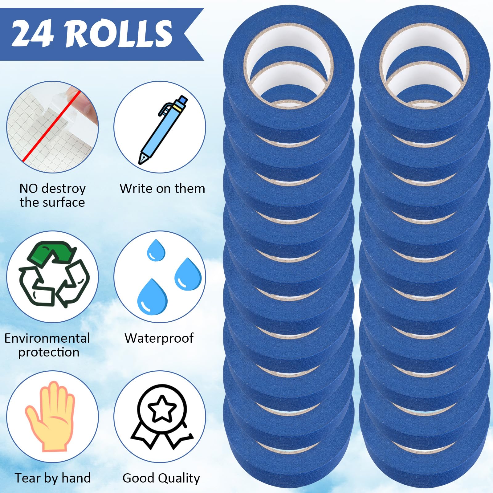 Fainne 12 Rolls Blue Painters Tape Bulk Multi Pack Safe Paint Paper Masking Tape for Wall Painting Decoration Supplies (Blue,1 Inch X 55 Yards)