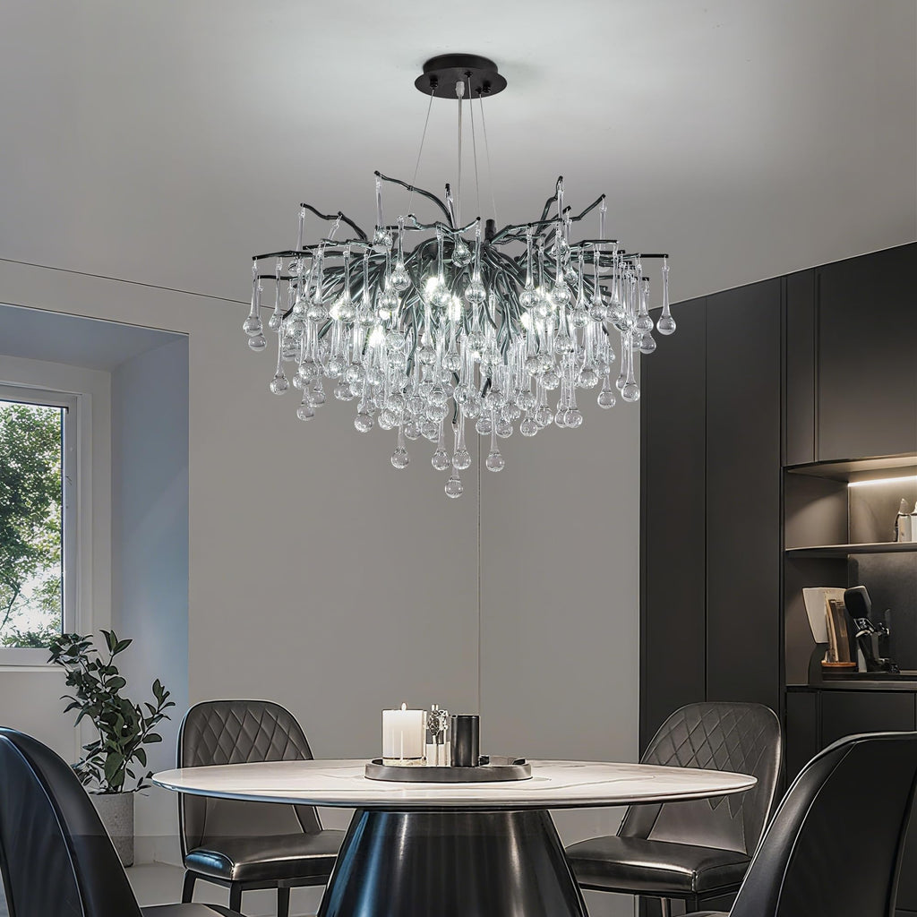 Modern Crystal Raindrop Chandelier, L40'' Black Linear Rectangle Art Deco Tree Branch Lighting Fixture for Kitchen Island Living Room Foyer Staircase 10 Lights