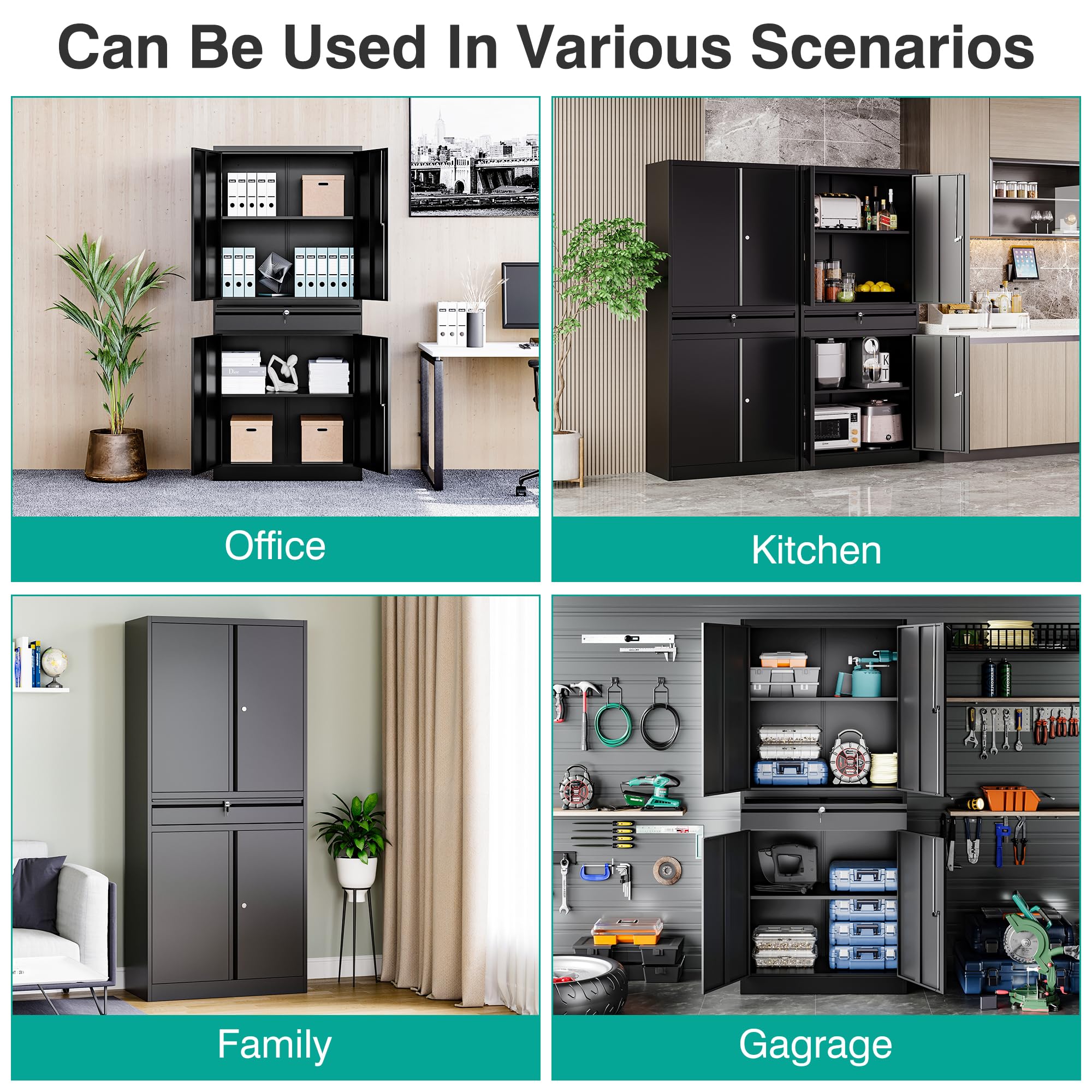 SISESOL Wide & Deep Metal Storage Cabinet with Wheels,Tall Rolling Garage Storage Cabinet with Lock,Black Metal Cabinets with Pegboards and Shelves,Tool Locker for Garage,Home,Office,43''Wx 20''Dx71"H