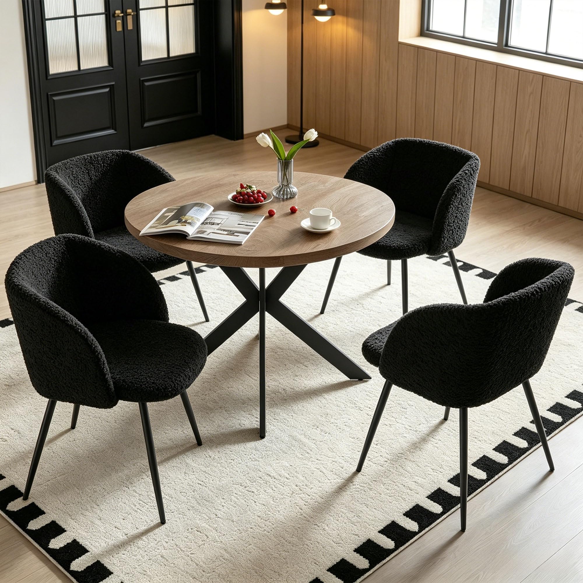 Homedot Dining Table Set for 2 with Black Dining Chairs, 3-Piece Compact Kitchen Table Set for Small Spaces, Rustic Brown Round Table Wooden with Upholstered Dining Side Chairs for Living Room