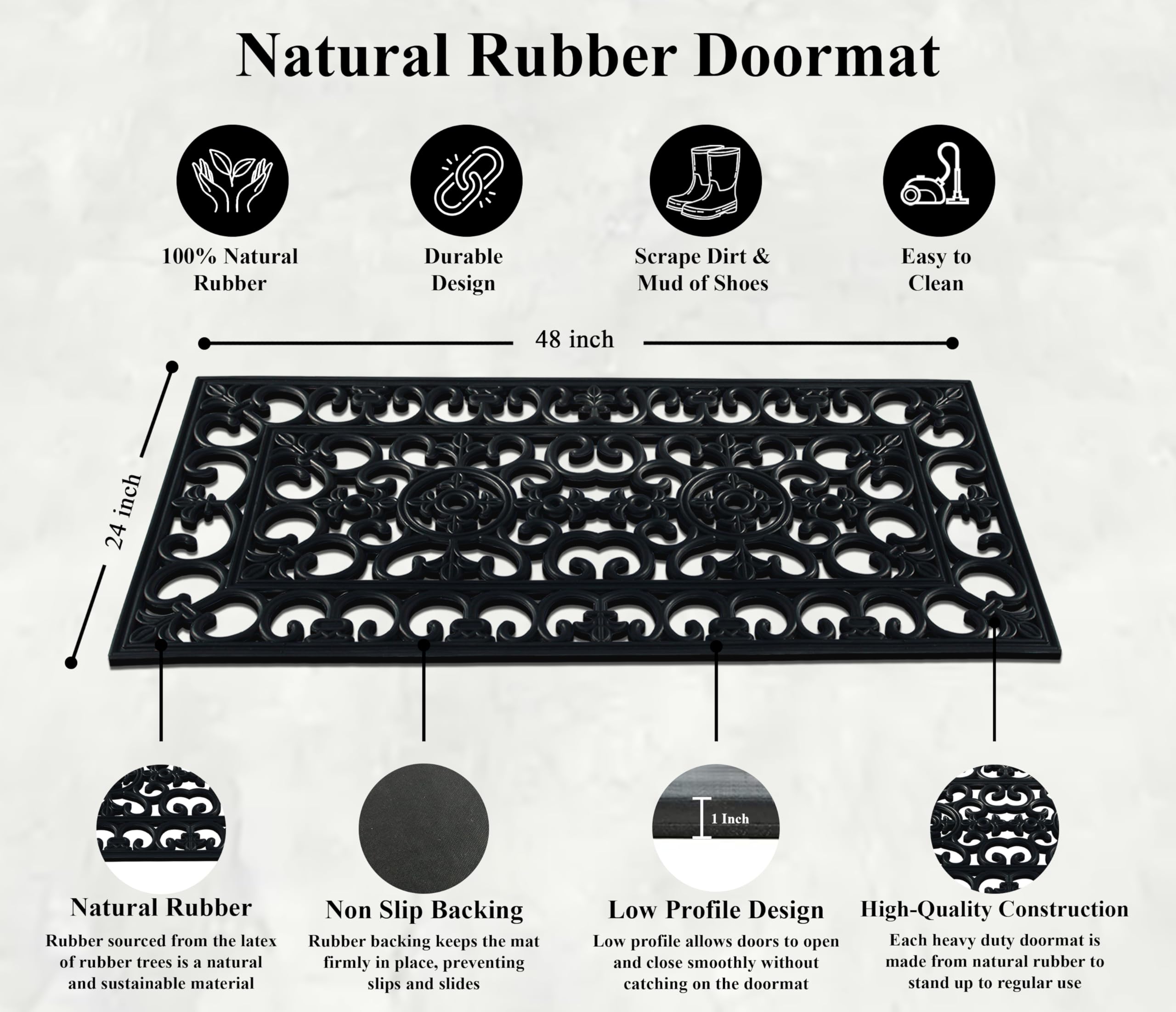A1 Home Collections 19-LB Heavy Duty Rubber Doormat 24"×57" - Won't Blow Away | Outside Front Door Mat, Mud Dirt Scraper, Non-Slip Drainage Mat for Entryway Patio Garage, All-Weather, 100% Rubber Mats