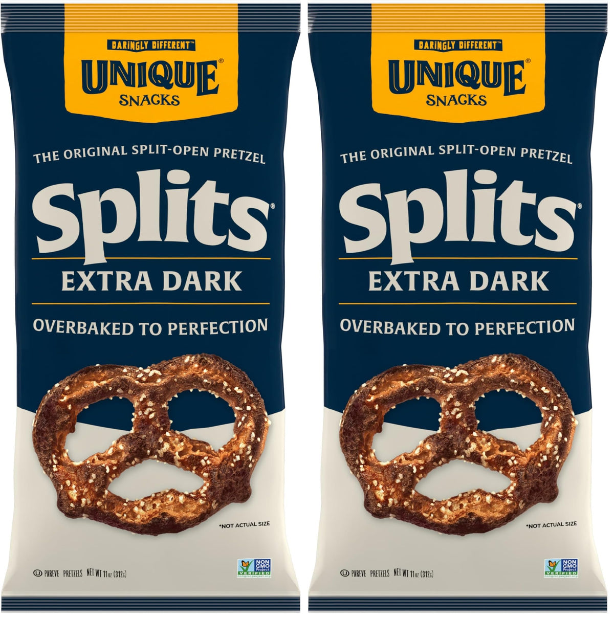 Unique Snacks Extra Dark Splits Pretzels, Original Split-Open Pretzels, Delicious Homestyle-Baked Snack Bag, Vegan, OU Kosher, and Non-GMO Food, No Artificial Flavor, 2 Oz. Bag, Pack of 12