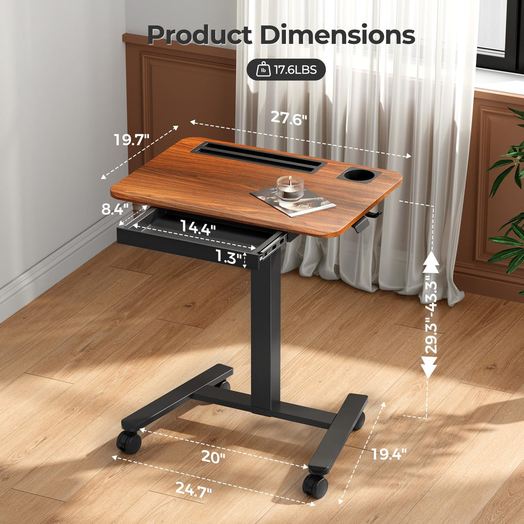 Small Mobile Standing Desk with Drawer, 23.6"x19.7" Rolling Laptop Cart on Wheels, Height Adjustable Sit Stand Computer Workstation with Storage for Compact Space, Black
