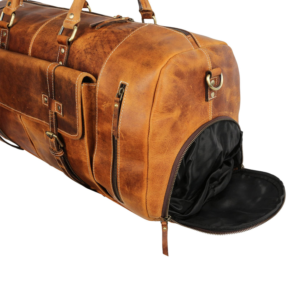 KomalC Leather Duffle Bags for Men and Women Travel Overnight Weekend sports bag holdall Gym Duffel for Men (Dark Tan, 20 Inch)