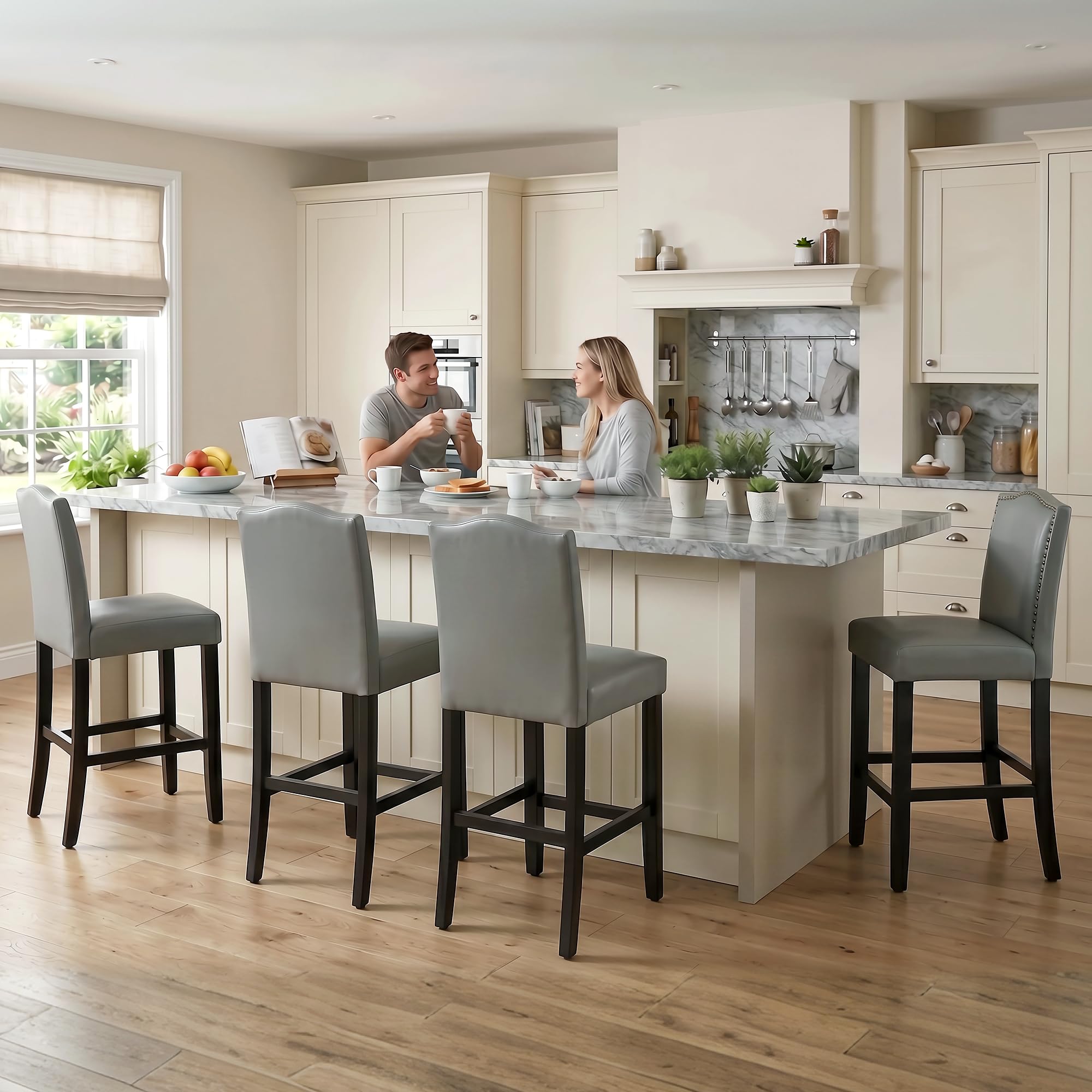 LSSPAID Counter Height Bar Stools Set of 2, 24.8 Inch Modern Upholstered Fabric Barstools, Kitchen Island Chairs with Bronze Nail Backrest and Solid Wood Legs for Kitchen Pub Home Cafe, Beige