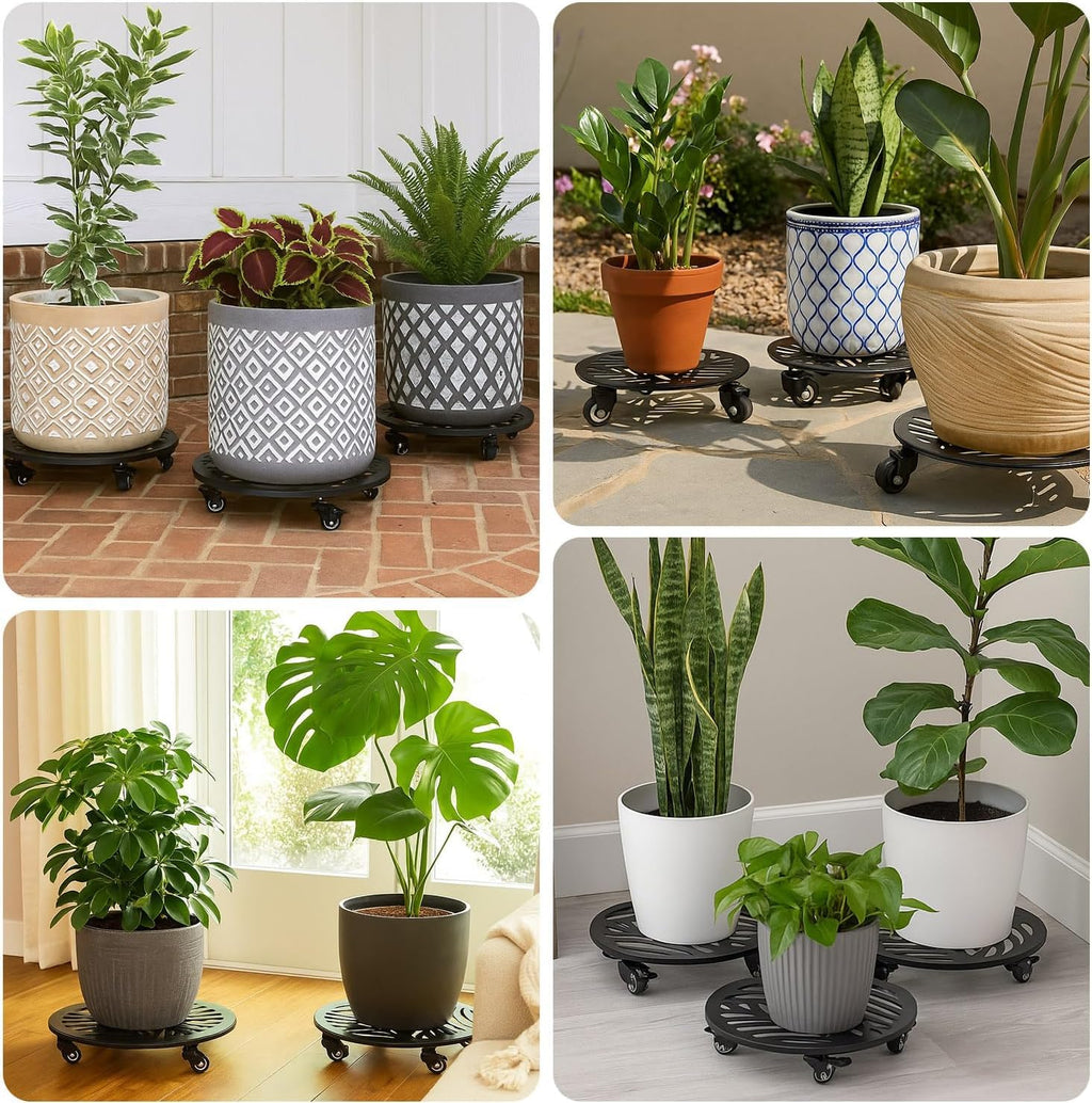1 Pack 12 inches Large Metal Plant Caddy with 3 PU Metal Wheels Rolling Plant Stand with Casters Indoor Outdoor Wheeled Planter Roller Base Pot Movers Plant Dolly Coaster Trolley Black