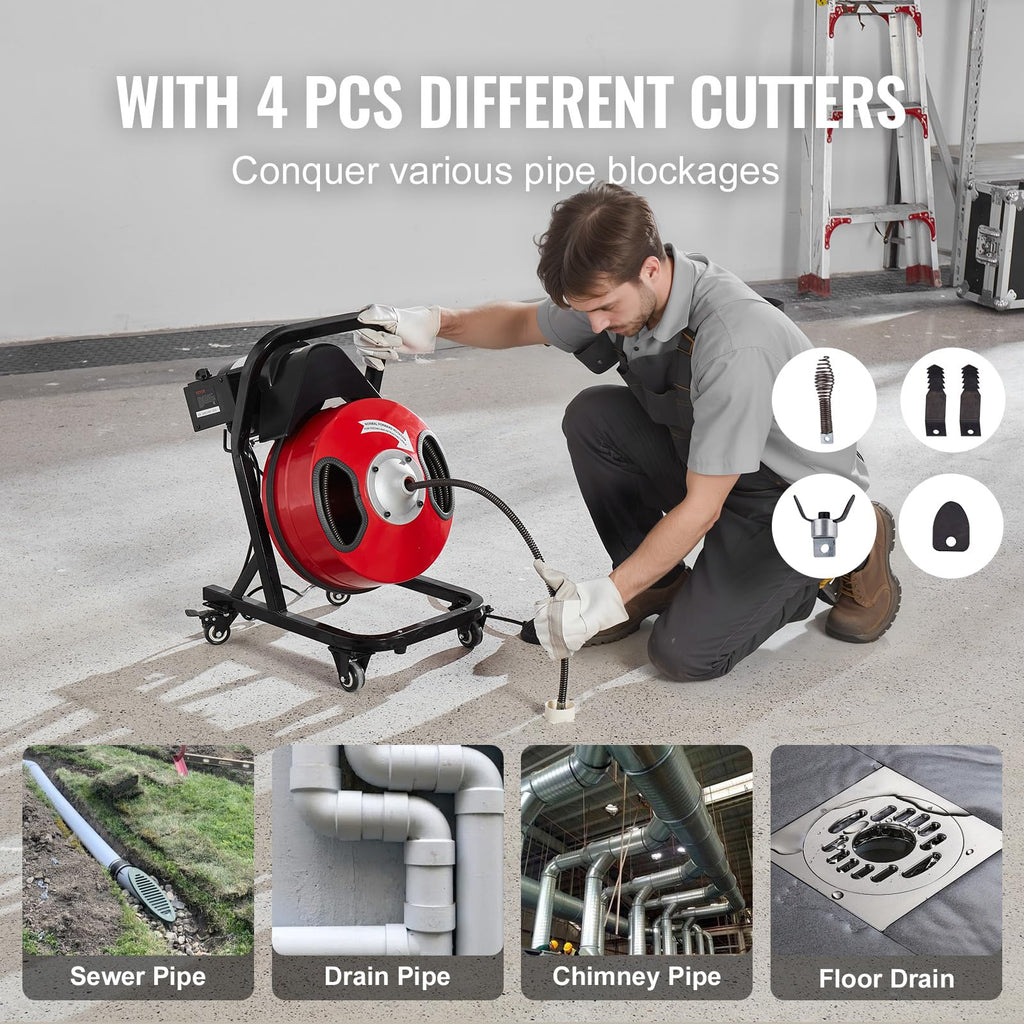 VEVOR 50FT x 1/2Inch Sewer Snake Machine, Drain Cleaning Machine on 4 Wheels, Electri Drain Auger with 4 Cutters & Foot Switch for 1''- 4'' Pipes