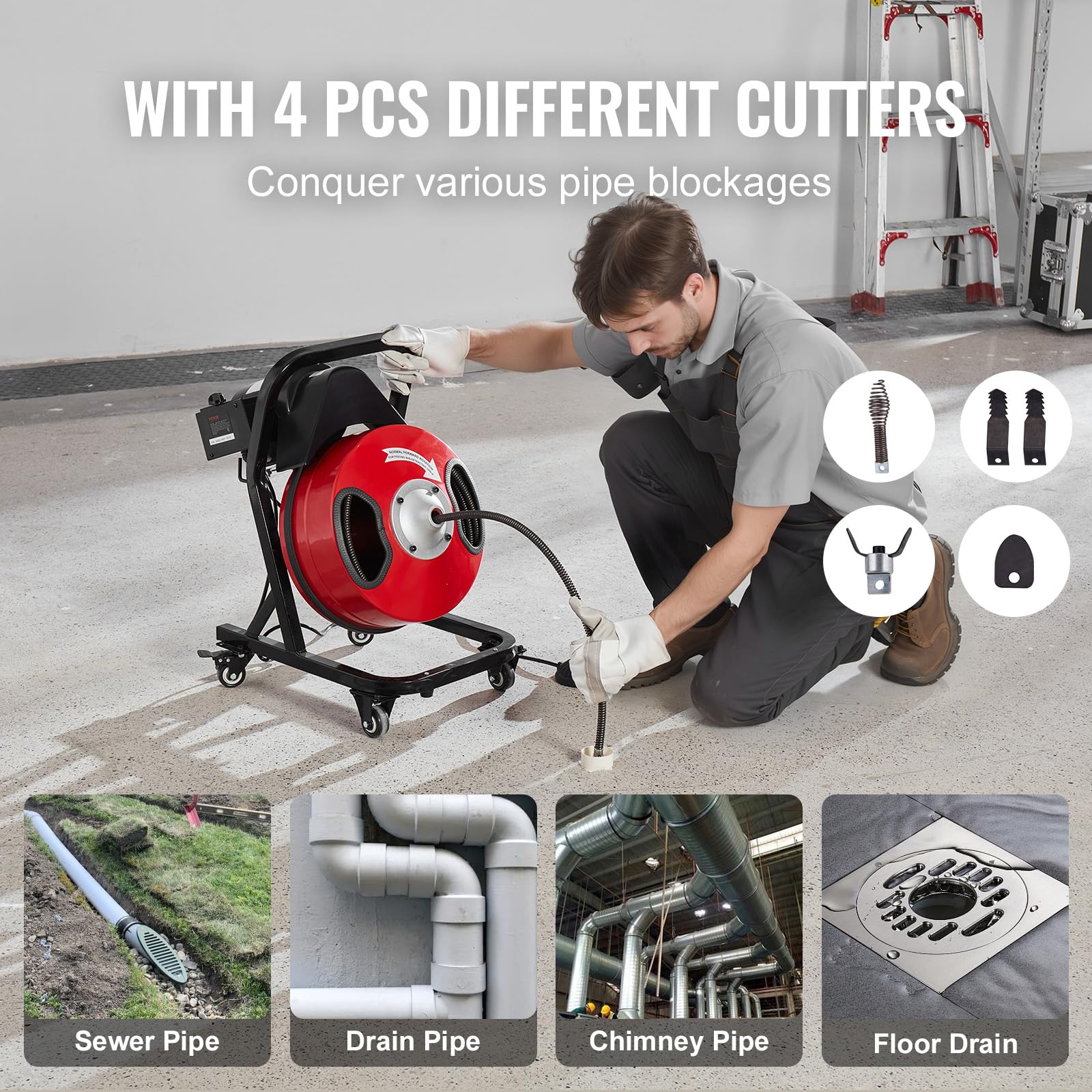 VEVOR 50FT x 1/2Inch Sewer Snake Machine, Drain Cleaning Machine on 4 Wheels, Electri Drain Auger with 4 Cutters & Foot Switch for 1''- 4'' Pipes