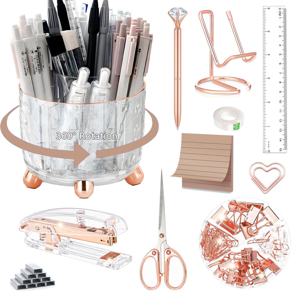 Dimonluce Office Desk Accessories, Black Office Supplies Accessories with Tape Dispenser, Stapler, Staple Remover, 1000 Staples, Tape, Clips Set, Ruler, Scissor, Pen