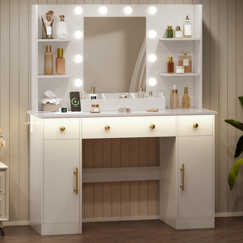 HUANLEGO Vanity Desk with Mirror and Lights, Makeup Vanity with Mirror and LED Lights & Power Outlet, 3 Drawers and Cabinets, 3 Lighting Modes Dressing Table Set for Girls Women Bedroom,Oak